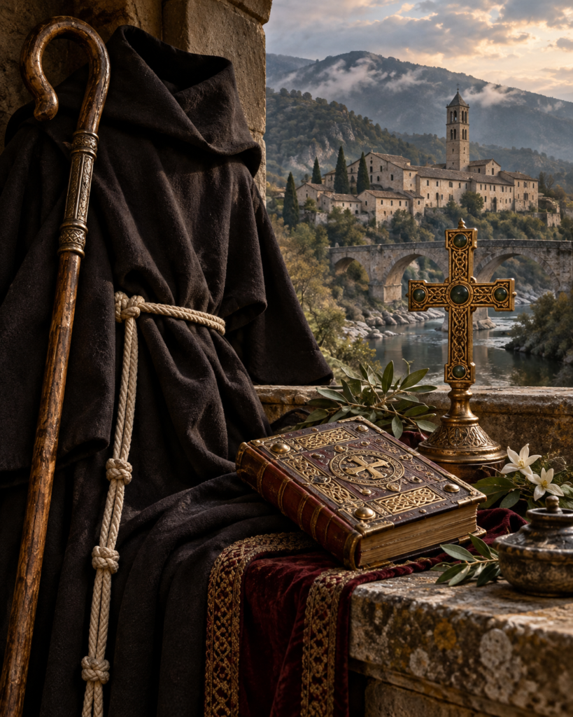 Hábito monástico, salterio, cruz, bastón y monasterio: símbolos de la vida monástica de san Bladulfo de Bobbio.