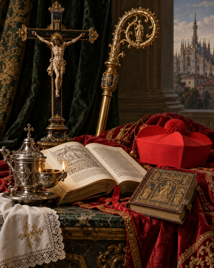 Crucifijo, báculo, decretos conciliares y catecismo: símbolos del ministerio episcopal y la reforma pastoral de san Carlos Borromeo.