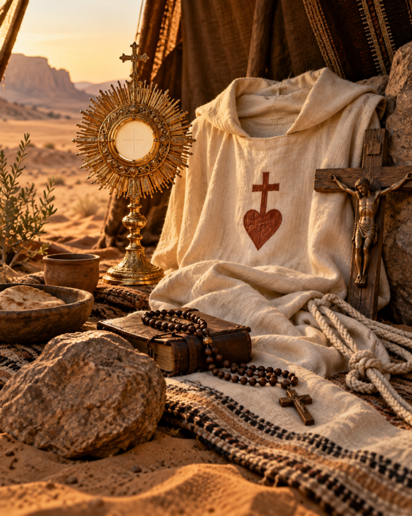 Túnica blanca, cruz, Eucaristía, rosario y desierto: símbolos de Nazaret, adoración, pobreza y fraternidad universal de san Carlos de Foucauld.