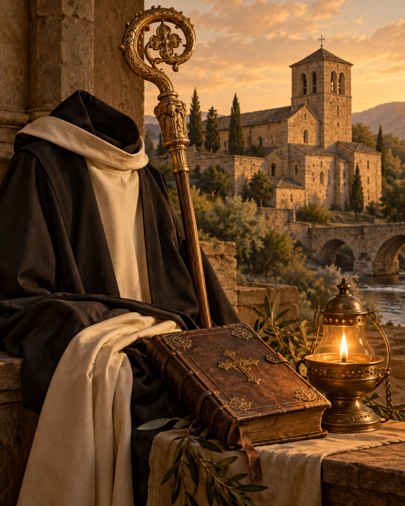 Hábito, báculo, libro, lámpara y monasterio: símbolos de la vida monástica de san Claro de Vienne.
