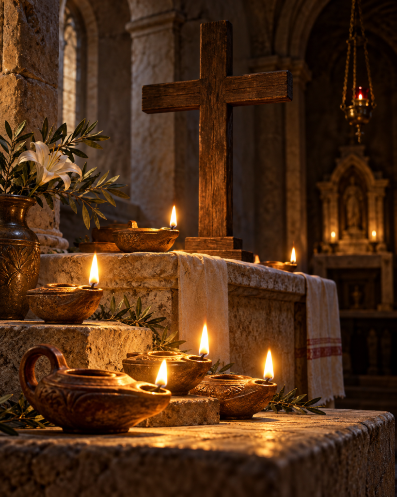 Lámparas de aceite y cruz: símbolos del servicio humilde en el cuidado de la iglesia que caracterizó a san Constancio de Ancona.