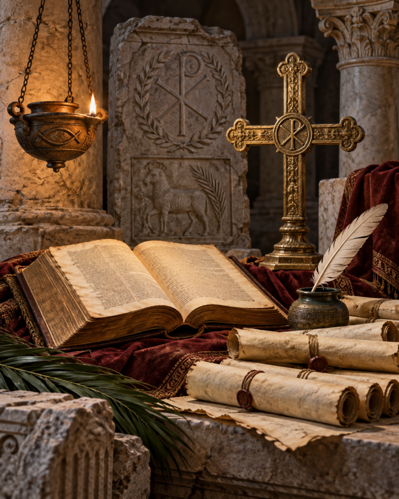 Biblia, pergaminos, pluma, cruz y catacumbas: símbolos del amor a la Escritura y de la memoria de los mártires de san Dámaso I.