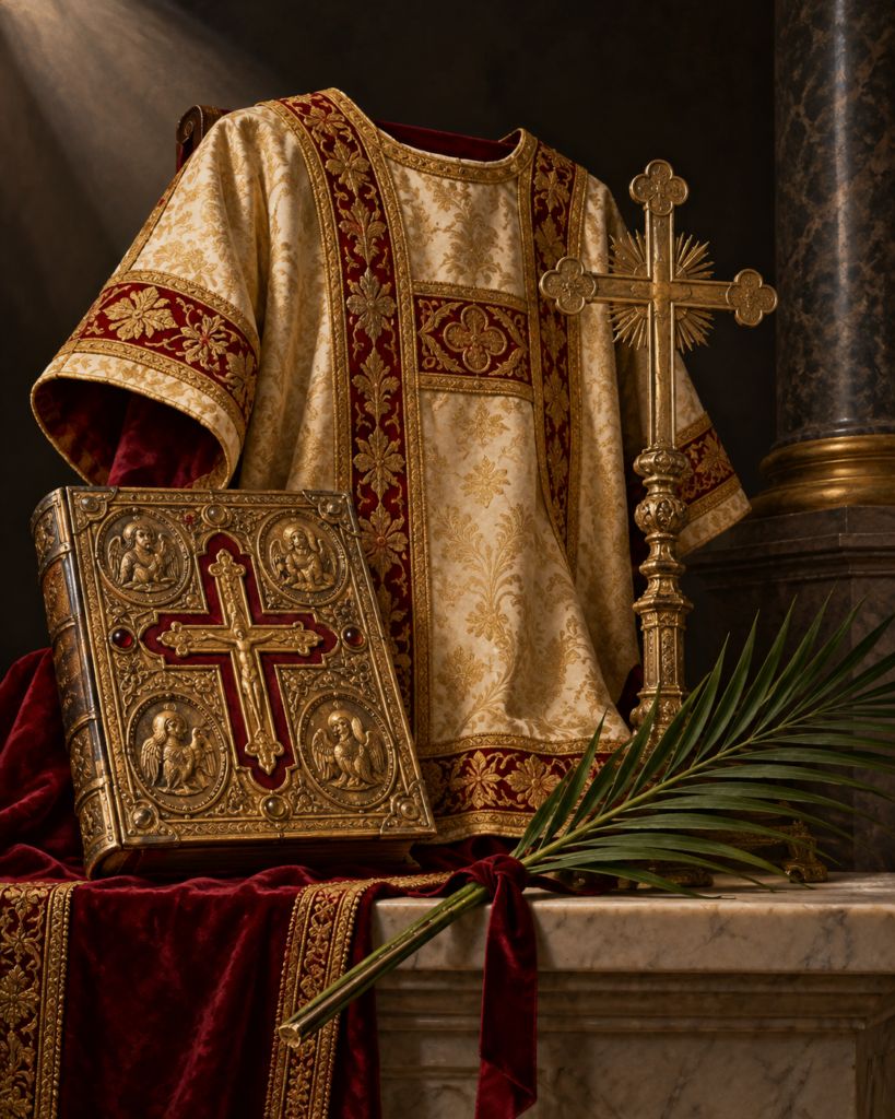 Dalmática, Evangelio, cruz y palma del martirio: símbolos del diaconado y el martirio de san Daniel de Padua.