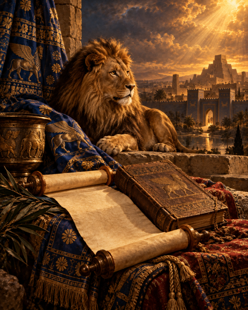Atributos de San Daniel profeta: rollo, libro, leones y arquitectura babilónica