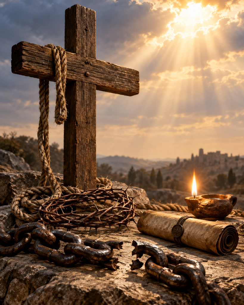 Cruz, cadenas rotas, cuerda, corona de espinas y luz del paraíso: símbolos de arrepentimiento, misericordia, libertad y salvación de san Dimas.