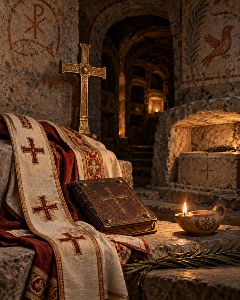 Atributos de San Félix I: vestiduras episcopales antiguas, cruz, libro, lámpara y catacumbas