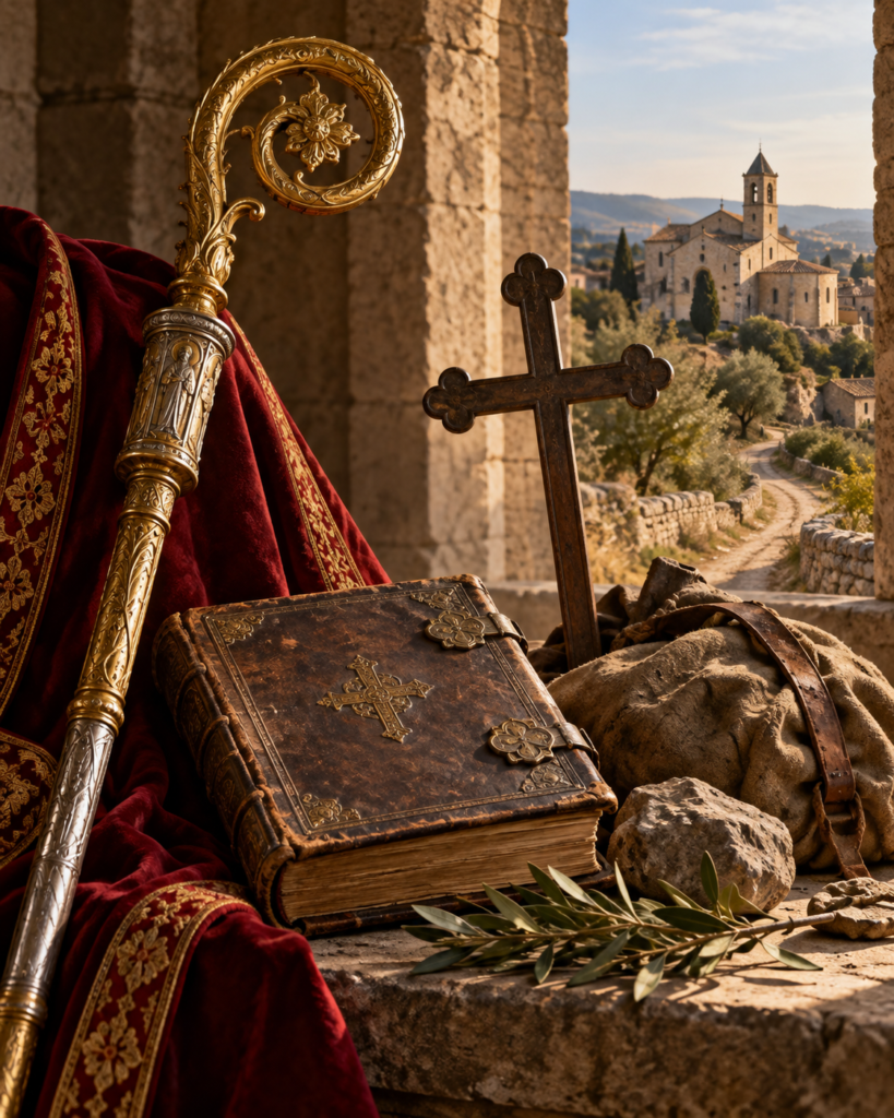 Báculo, regla monástica, cruz y camino de destierro: símbolos del episcopado, la vida monástica y el destierro de san Ferréol de Uzès.