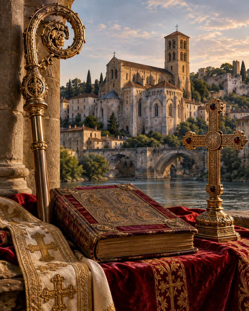 Báculo, libro conciliar, cruz e iglesia antigua: símbolos del ministerio episcopal de san Florencio de Vienne.