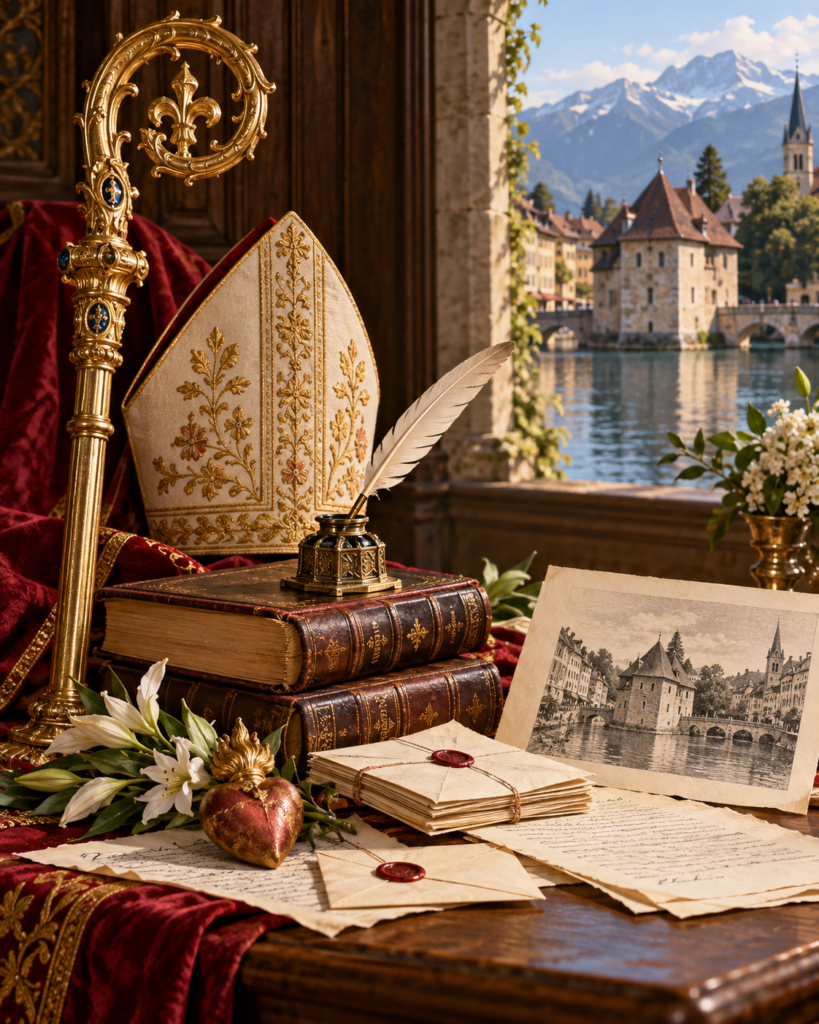 Báculo, libro, pluma, cartas y hojas impresas: símbolos del episcopado, la dirección espiritual y la comunicación de san Francisco de Sales.