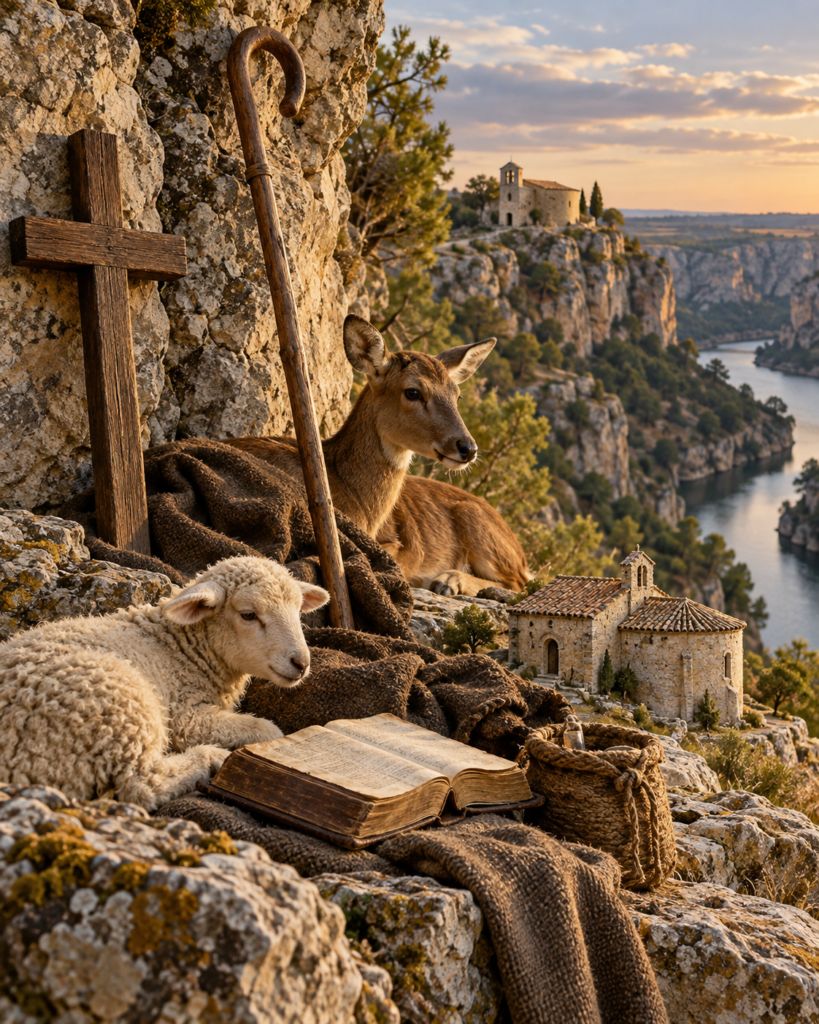 Atributos de san Frutos de Segovia: ermitaño, cruz, ermita y hoces del Duratón.