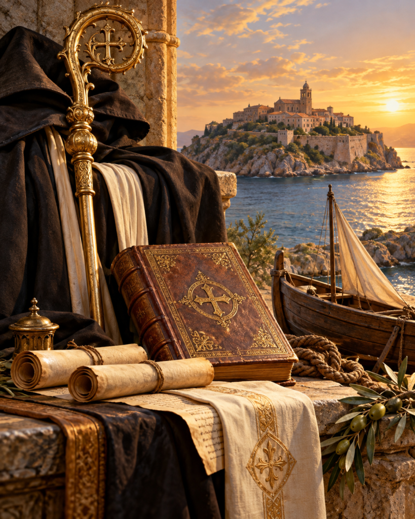 Báculo, libros, manuscritos, hábito y barco: símbolos del episcopado, la teología y el exilio de san Fulgencio de Ruspe.
