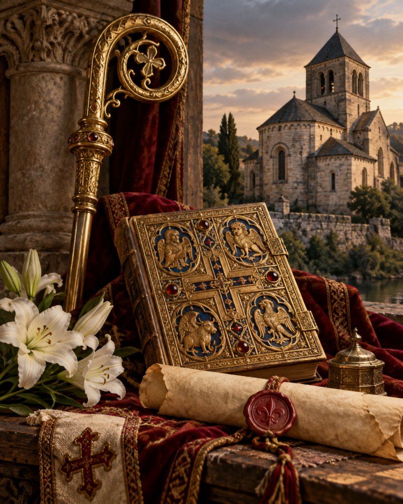 Báculo, Evangelio, pergamino y antigua iglesia gala: símbolos del ministerio episcopal y de la antigua responsabilidad civil de san Gregorio de Langres.