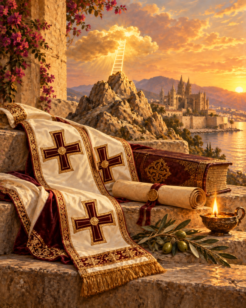 Mitra, báculo, libro, monte Sinaí y escala de luz: símbolos de san Gregorio de Nisa como obispo, teólogo y maestro de la vida espiritual.
