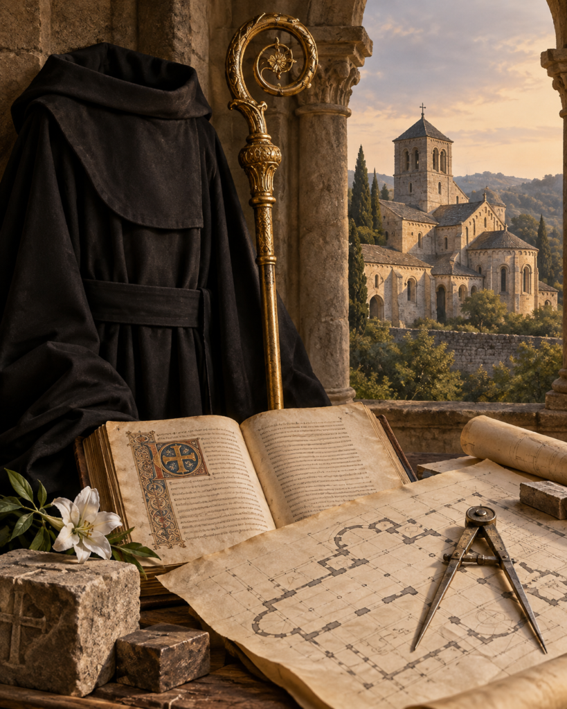 Hábito benedictino, báculo, Regla y monasterio: símbolos de la reforma monástica de san Guillermo de Dijon.