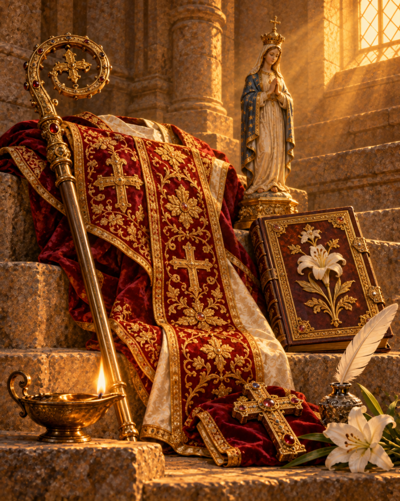 Mitra, báculo, casulla, libro y pluma: símbolos de san Ildefonso de Toledo como arzobispo y escritor mariano.
