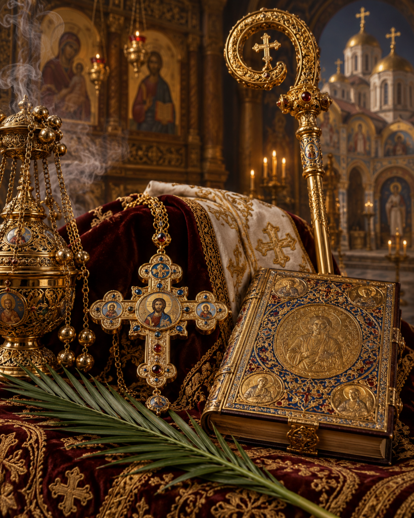 Cruz pectoral, báculo, libro litúrgico, palma e incensario: símbolos del episcopado, tradición oriental y martirio de san Josafat Kuncewicz.