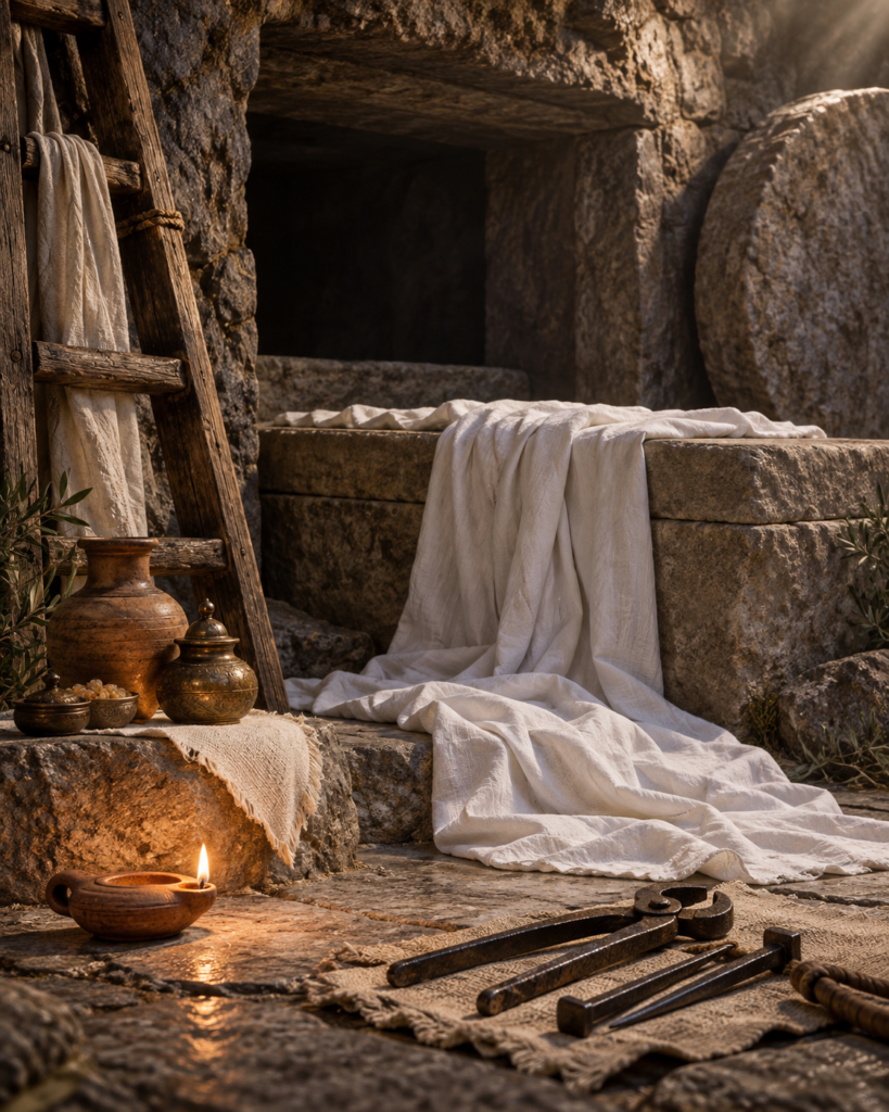 Sábana de lino, sepulcro, ungüentos, lámpara y herramientas de la deposición: símbolos de la sepultura de Jesús, del cuidado de los difuntos y de la valentía de san José de Arimatea.
