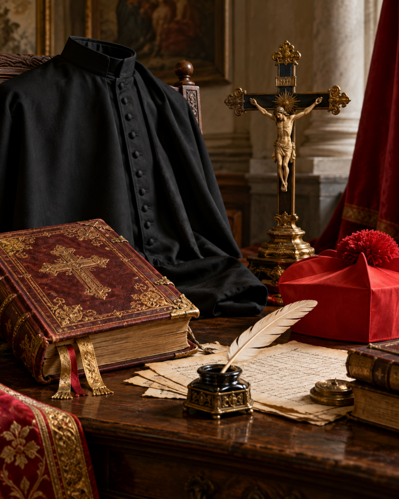 Sotana teatina, libro litúrgico, manuscritos, pluma y birreta: símbolos de la vida teatina y los estudios litúrgicos de san José María Tomasi.