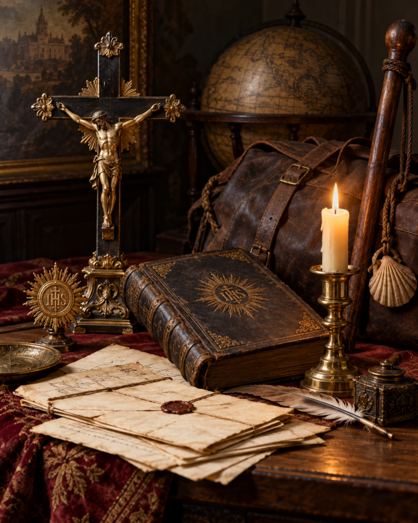 Crucifijo, Constituciones jesuitas, cartas y elementos de viaje: símbolos de la fidelidad y restauración de la Compañía de Jesús por san José Pignatelli.