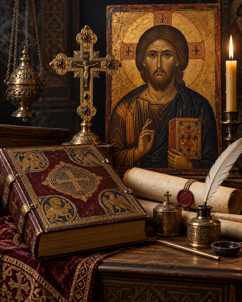 Libro teológico, icono de Cristo, cruz y rollo: símbolos de la teología y defensa de las imágenes sagradas de san Juan Damasceno.