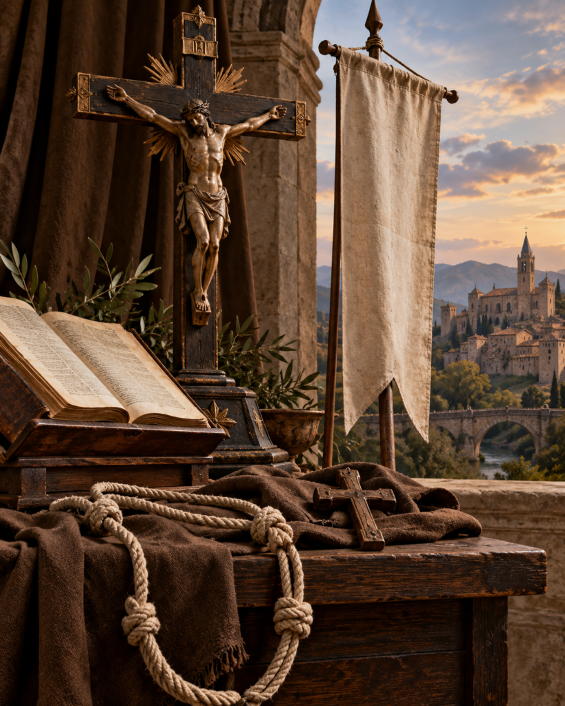 Atributos de San Juan de Capistrano: crucifijo, libro y símbolos franciscanos.