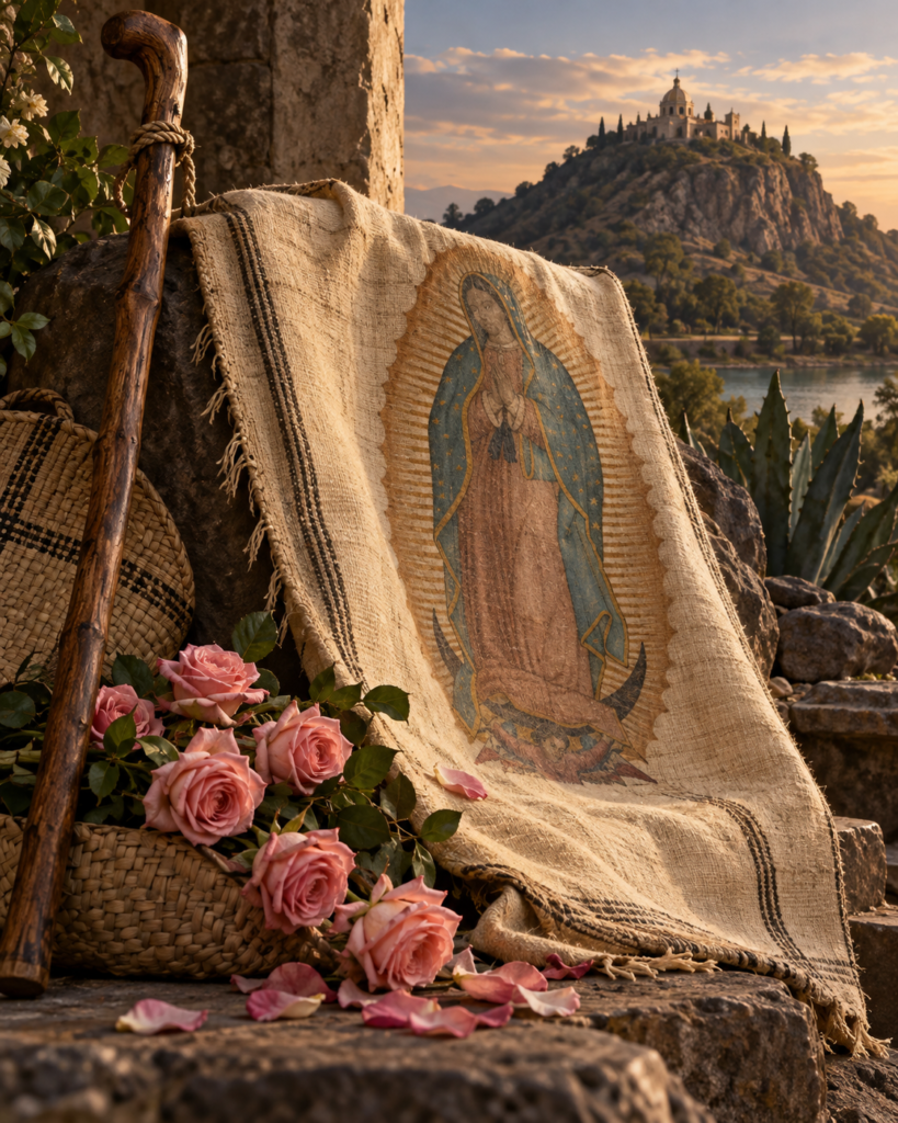 Tilma, rosas, bastón y cerro del Tepeyac: símbolos de humildad, evangelización y misión guadalupana de san Juan Diego.