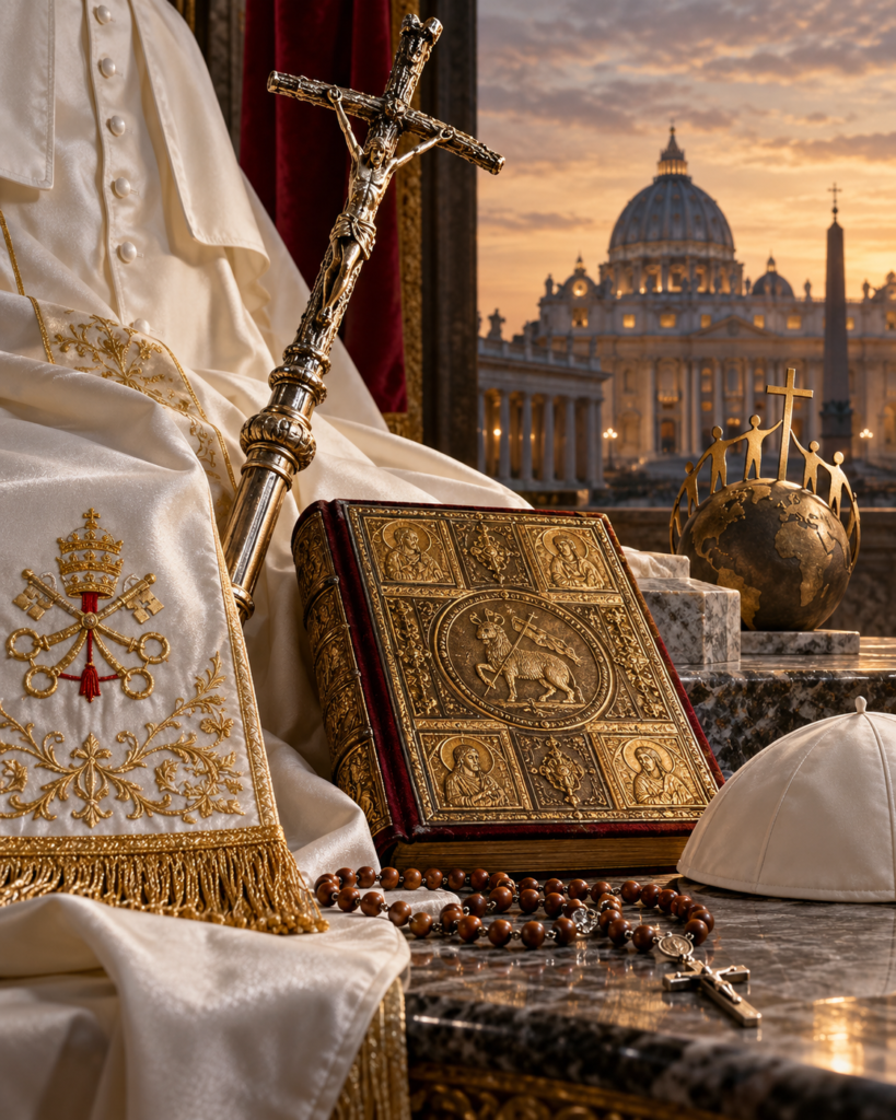 Atributos de San Juan Pablo II: cruz pastoral, rosario, Evangelio y símbolos de su pontificado.