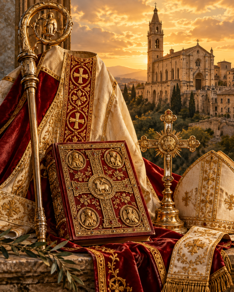 Báculo, cruz, Evangelios e iglesia antigua: símbolos del ministerio episcopal de san Justino de Chieti.