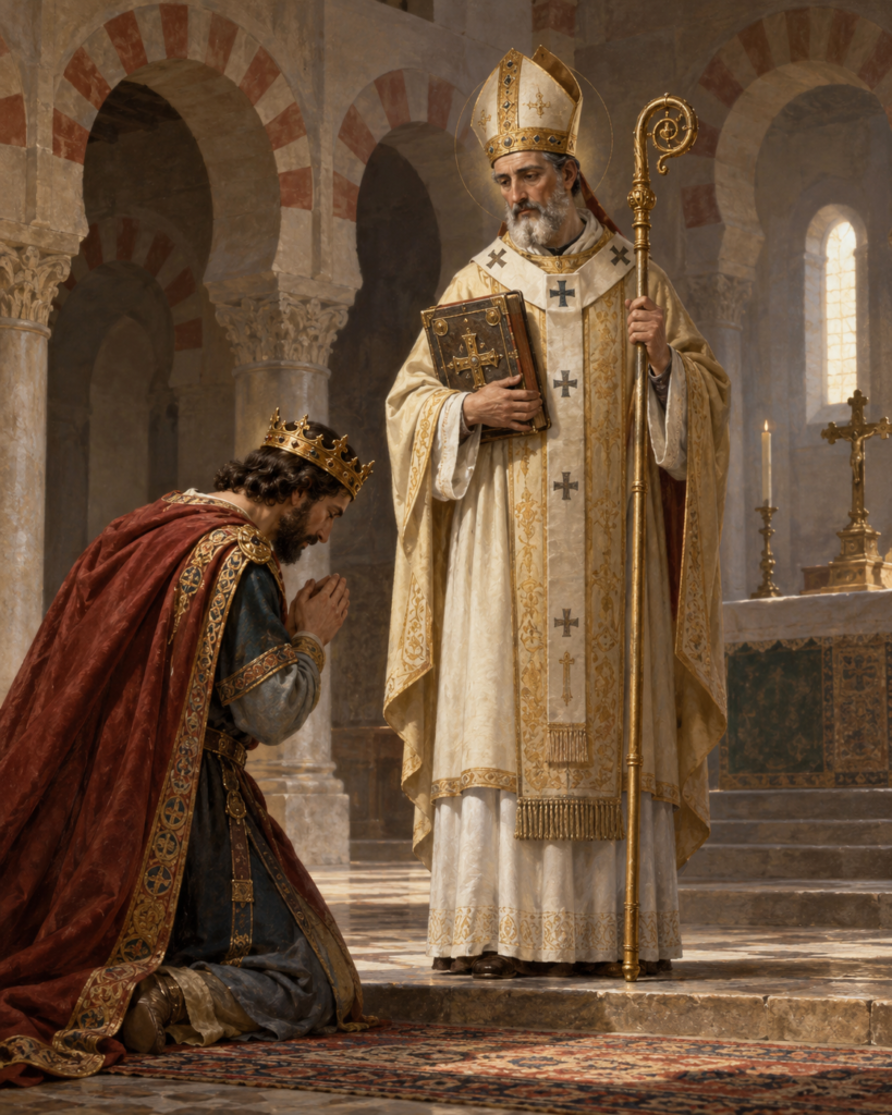 San Leandro de Sevilla, obispo con mitra y báculo, ante el rey Recaredo arrodillado en una iglesia visigoda