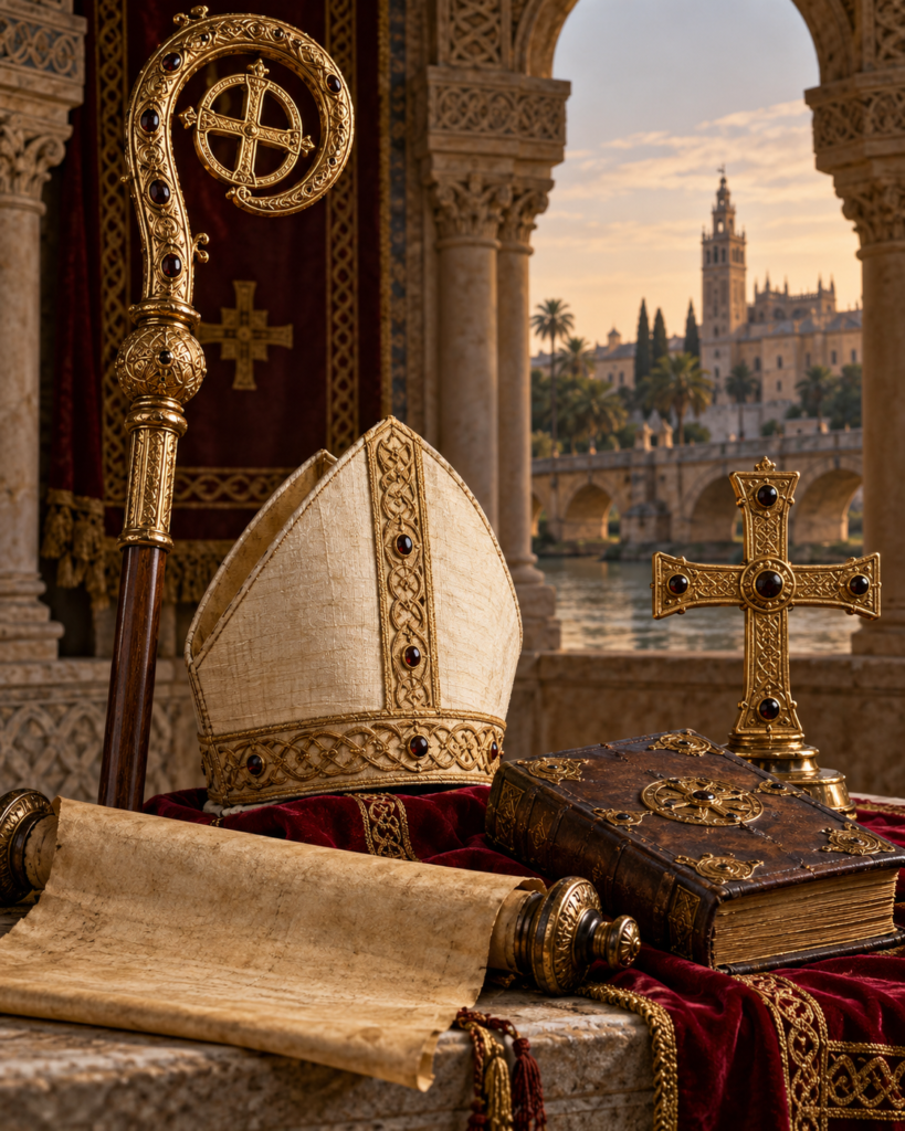Báculo, mitra, pergamino, libro y cruz visigoda: símbolos del episcopado y legado doctrinal de san Leandro de Sevilla.