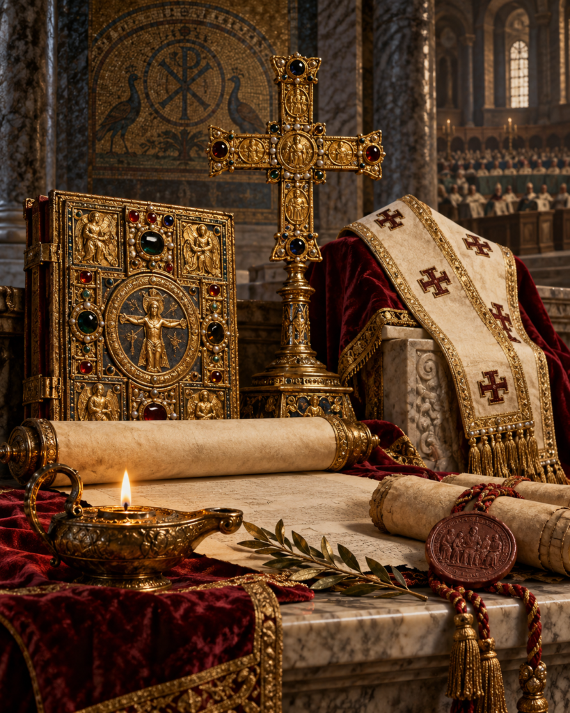 Carta doctrinal, Evangelio, cruz, palio y lámpara: símbolos del magisterio y ministerio pastoral de san León Magno.