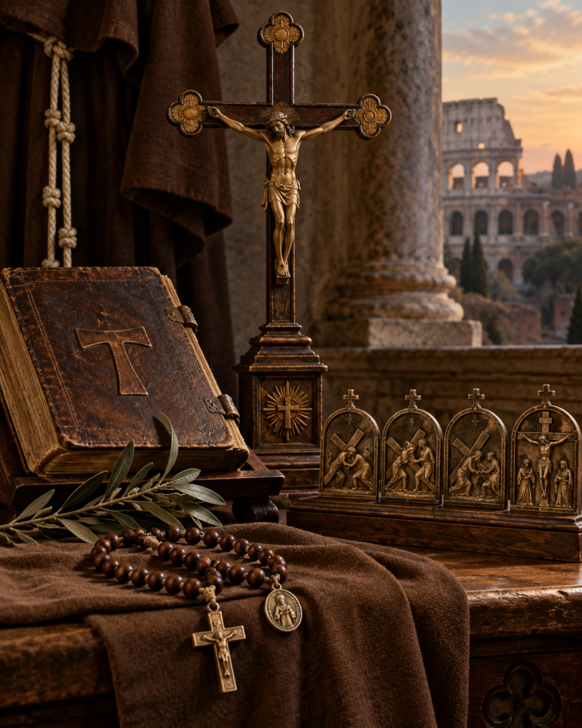 Crucifijo, rosario, Vía Crucis, libro y Coliseo: símbolos de la predicación y devoción a la Pasión de san Leonardo de Puerto Mauricio.