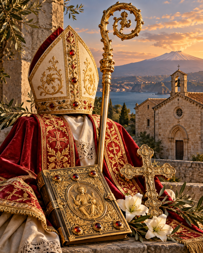 Báculo, Evangelio, cruz e iglesia siciliana: símbolos del ministerio episcopal de san Luciano de Lentini.