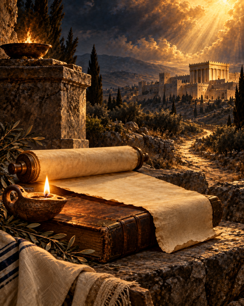 Atributos de San Malaquías profeta: rollo, libro, lámpara, altar y camino