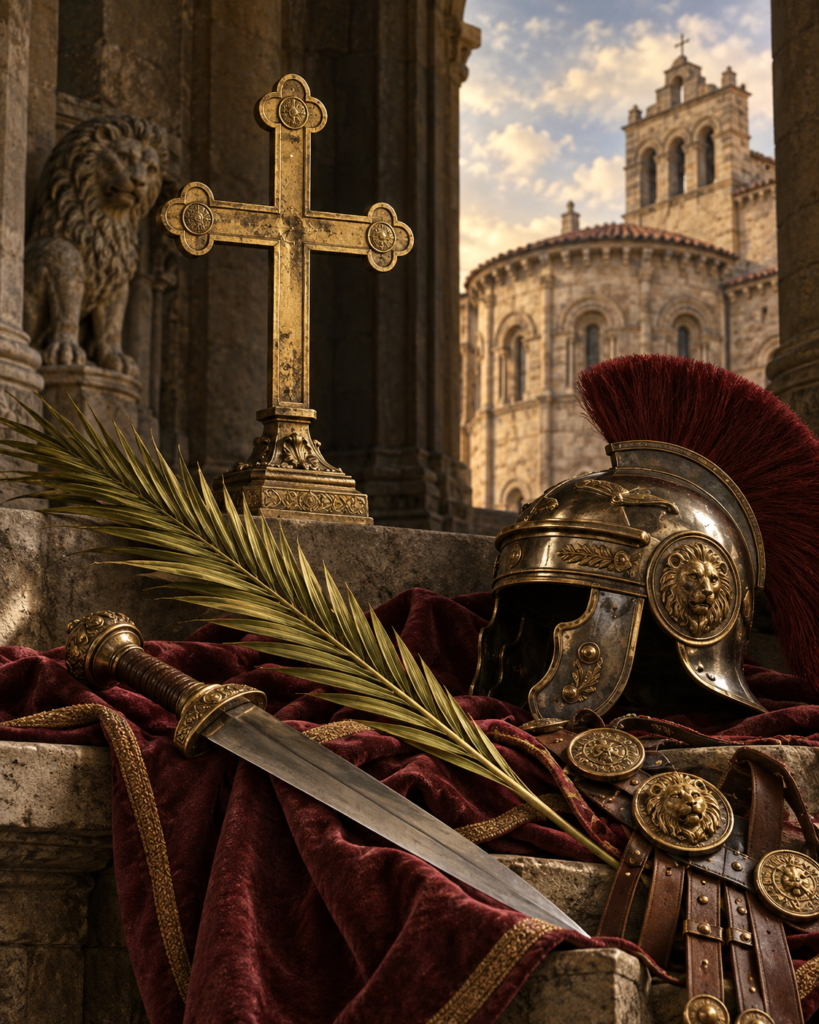 Palma del martirio, espada romana, insignias y cruz, atributos de san Marcelo de León.