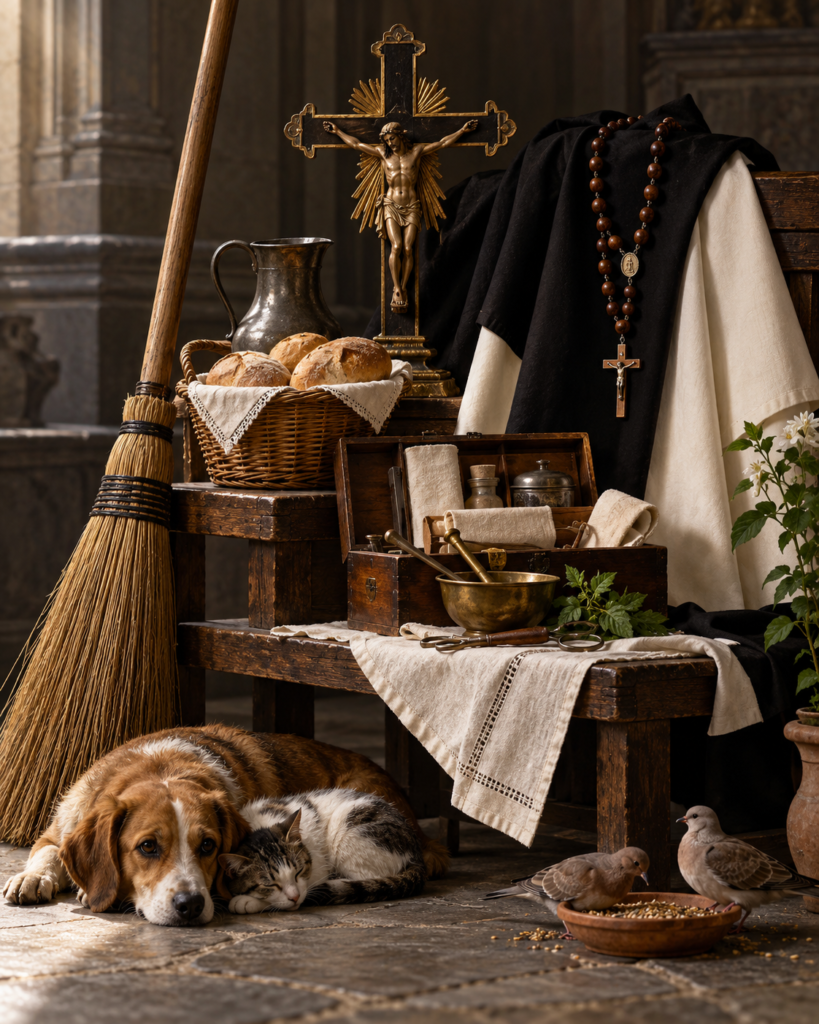 Escoba, rosario, crucifijo, pan y utensilios de curación: símbolos de la humildad y la caridad de san Martín de Porres.