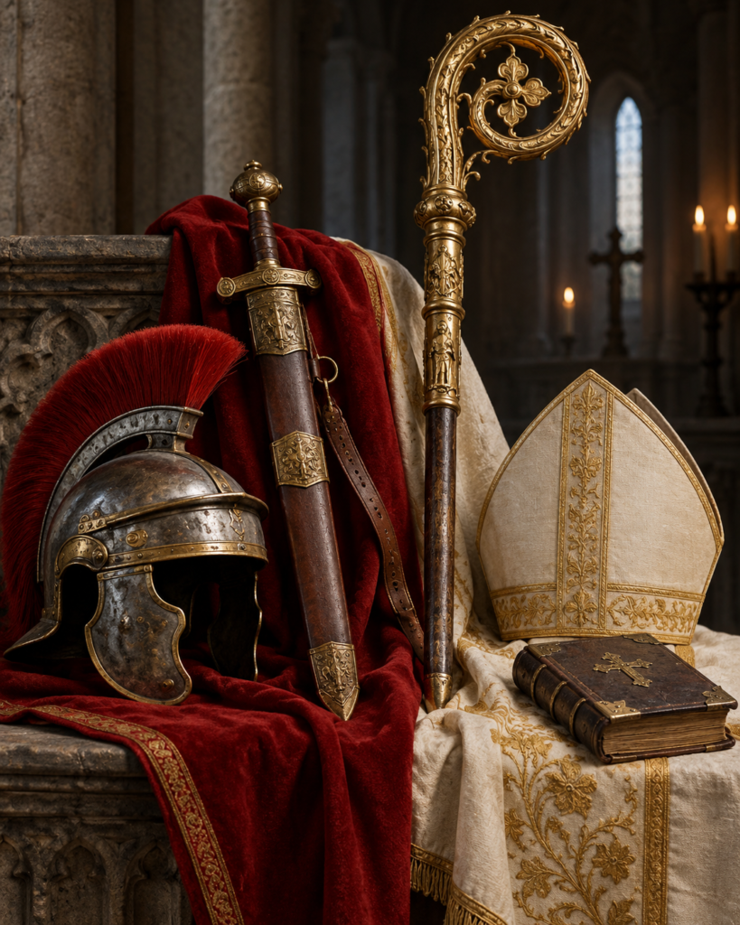 Capa partida, espada, casco, báculo y mitra: símbolos de la caridad, vida militar y episcopado de san Martín de Tours.