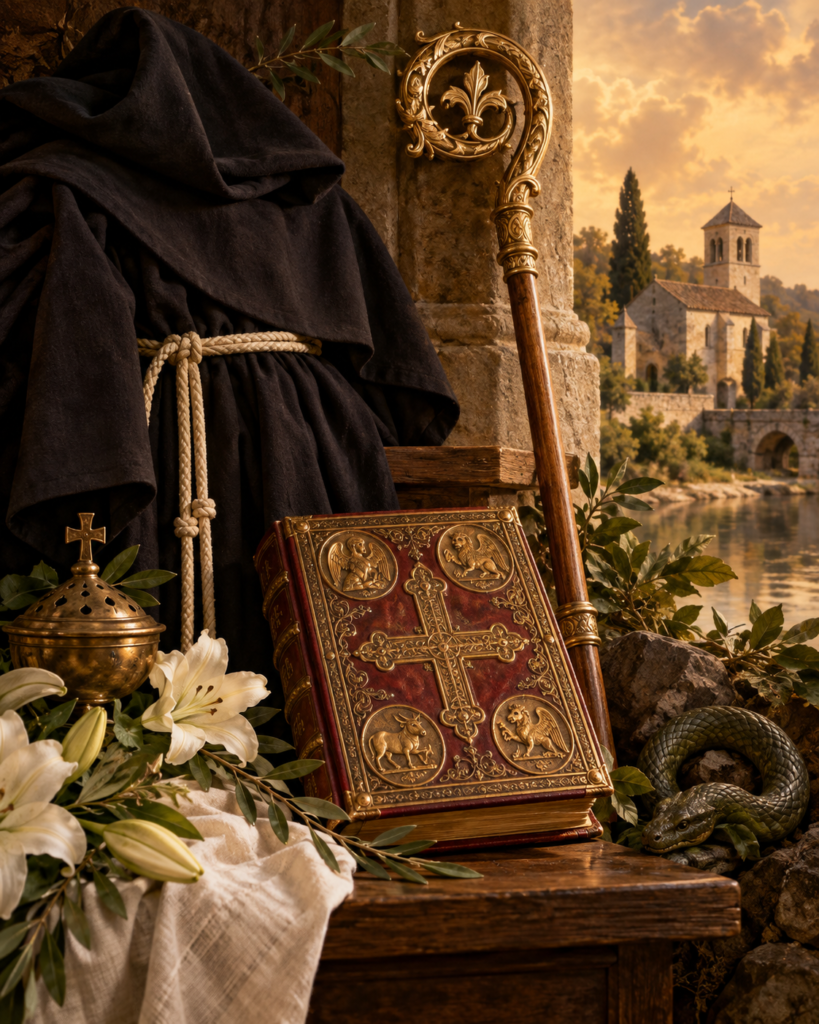 Hábito monástico, báculo, Evangelio, abadía y serpiente simbólica: símbolos de la vida monástica y la tradición hagiográfica de san Maximino de Micy.