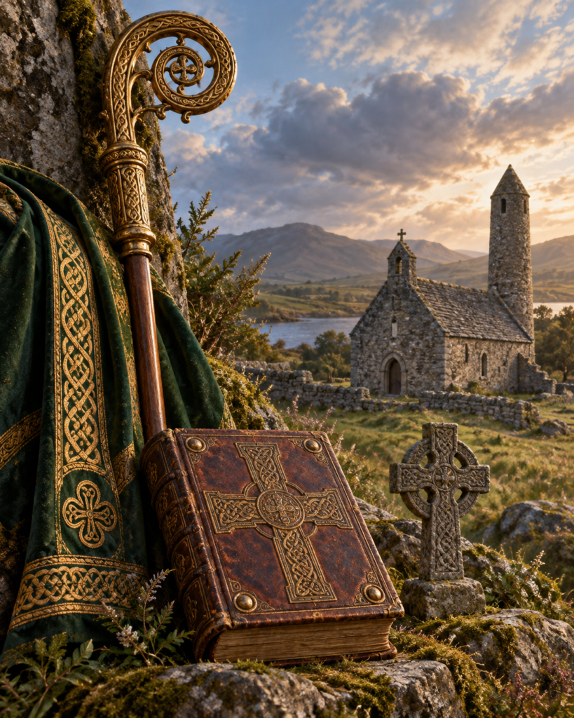 Báculo, Evangelio, cruz celta e iglesia antigua: símbolos de la tradición episcopal irlandesa de san Munchin de Limerick.