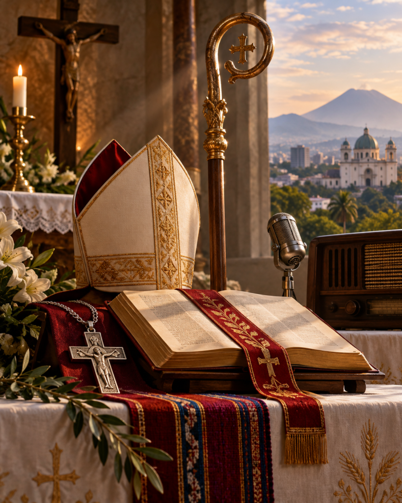 Cruz pectoral, Evangelio, báculo, micrófono, radio y altar: símbolos del ministerio pastoral, la predicación y el martirio de san Óscar Romero.