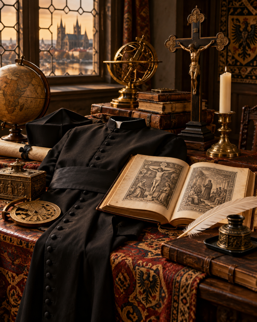 Atributos de San Pedro Canisio: sotana jesuita, catecismo, libros, pluma y crucifijo