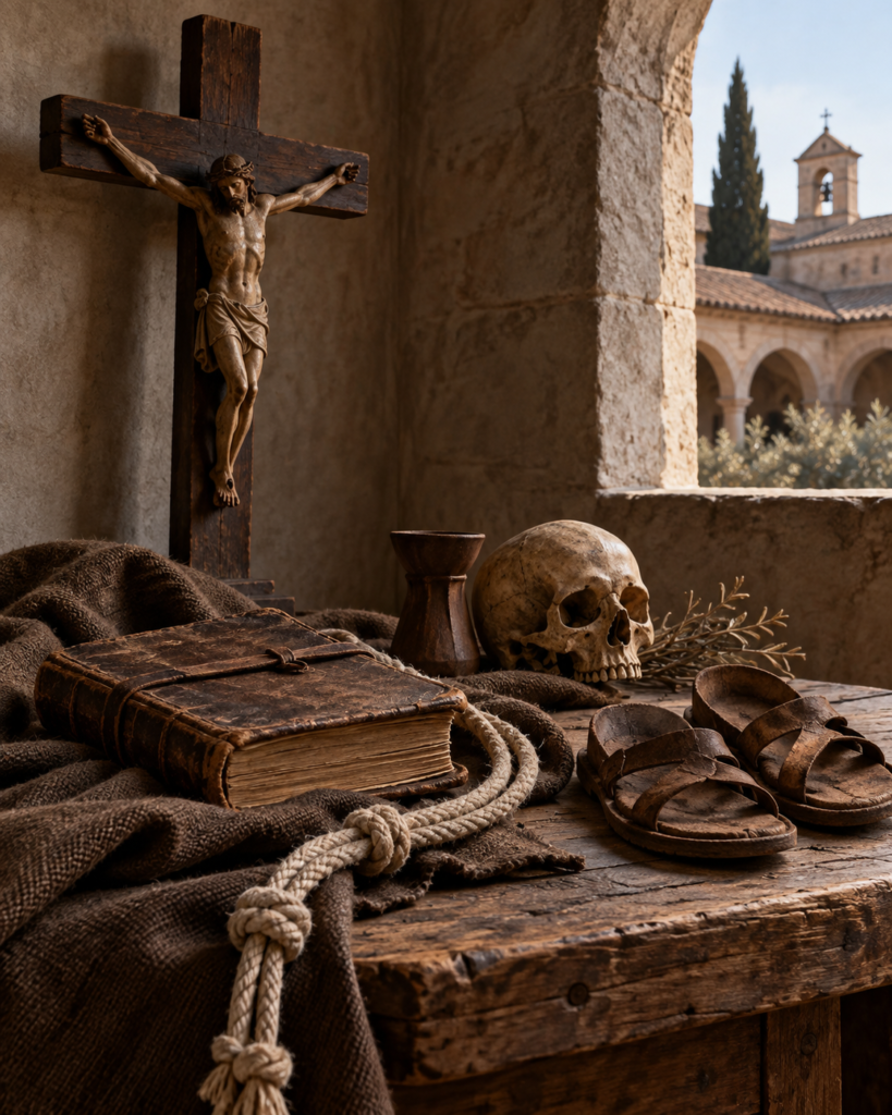 Atributos de San Pedro de Alcántara: crucifijo, libro de oración y símbolos franciscanos.