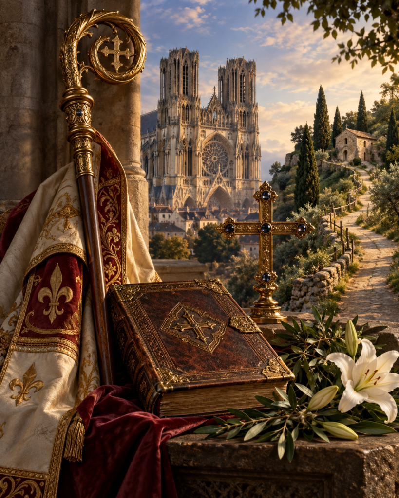 Báculo, libro, cruz, iglesia de Reims y camino de retiro: símbolos del episcopado, el destierro y la vida retirada de san Rigoberto de Reims.