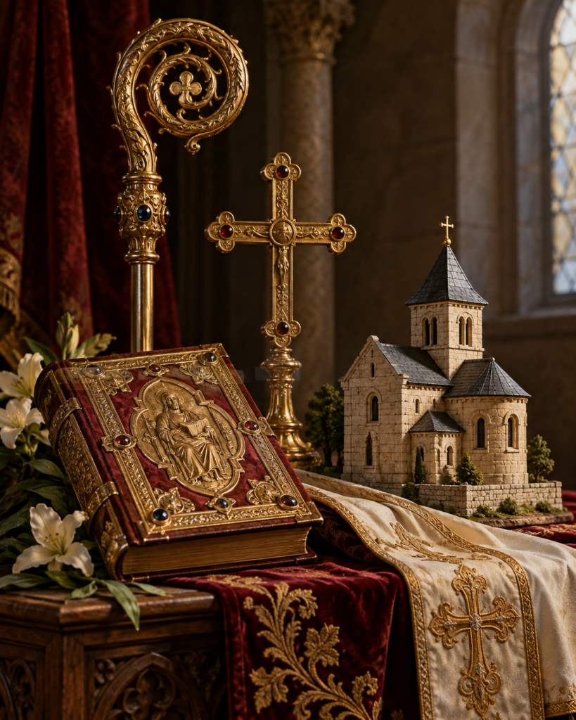 Báculo, Evangelio, cruz e iglesia franca: símbolos del ministerio episcopal de san Rigomero de Meaux.