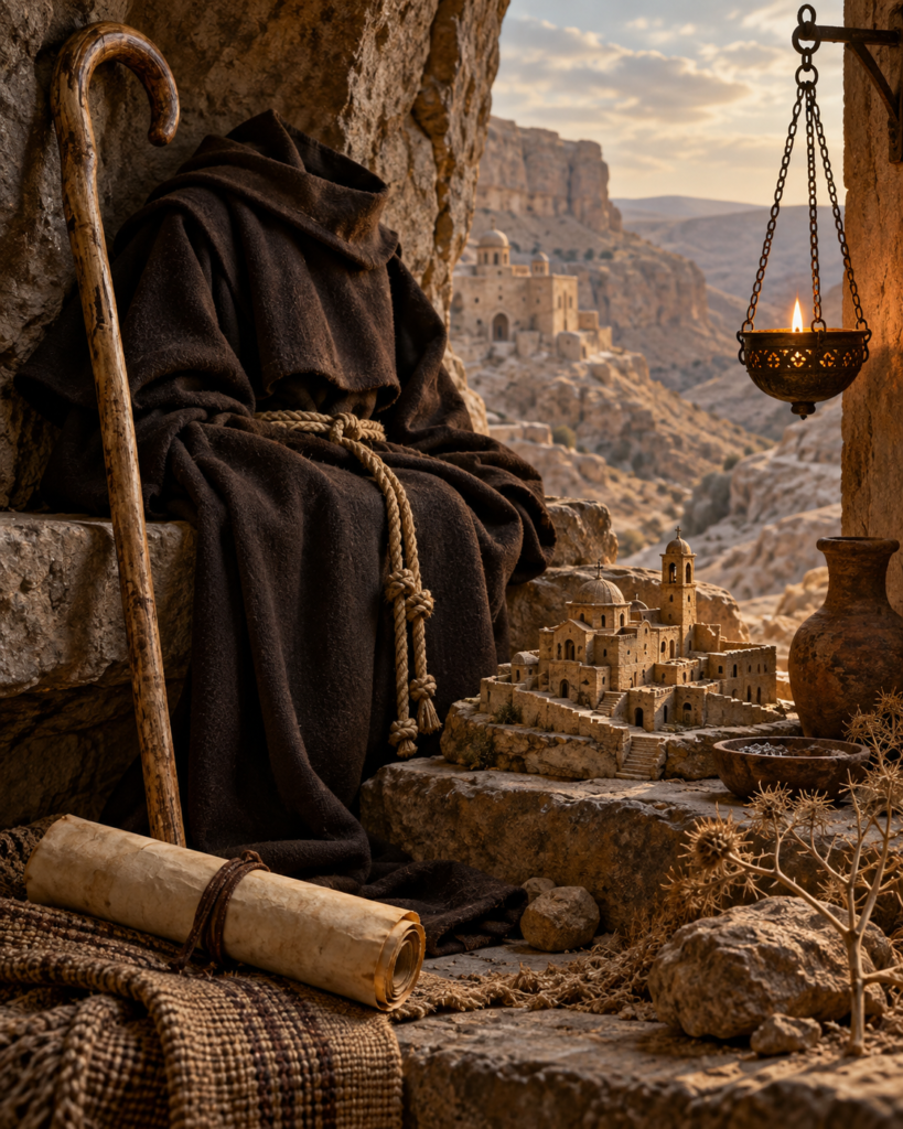 Bastón, libro, hábito monástico, monasterio y desierto: símbolos de oración, austeridad y vida monástica de san Sabás.