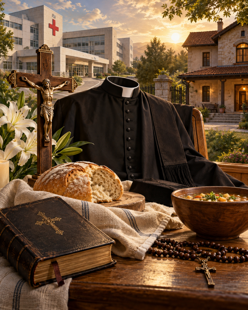 Sotana, crucifijo, pan, alimento y casa de acogida: símbolos de la caridad sacerdotal de san Segismundo Gorazdowski.