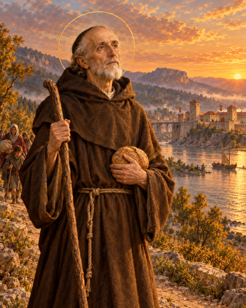 San Severino de Nórico, monje ermitaño, con un bastón y un pan junto al Danubio