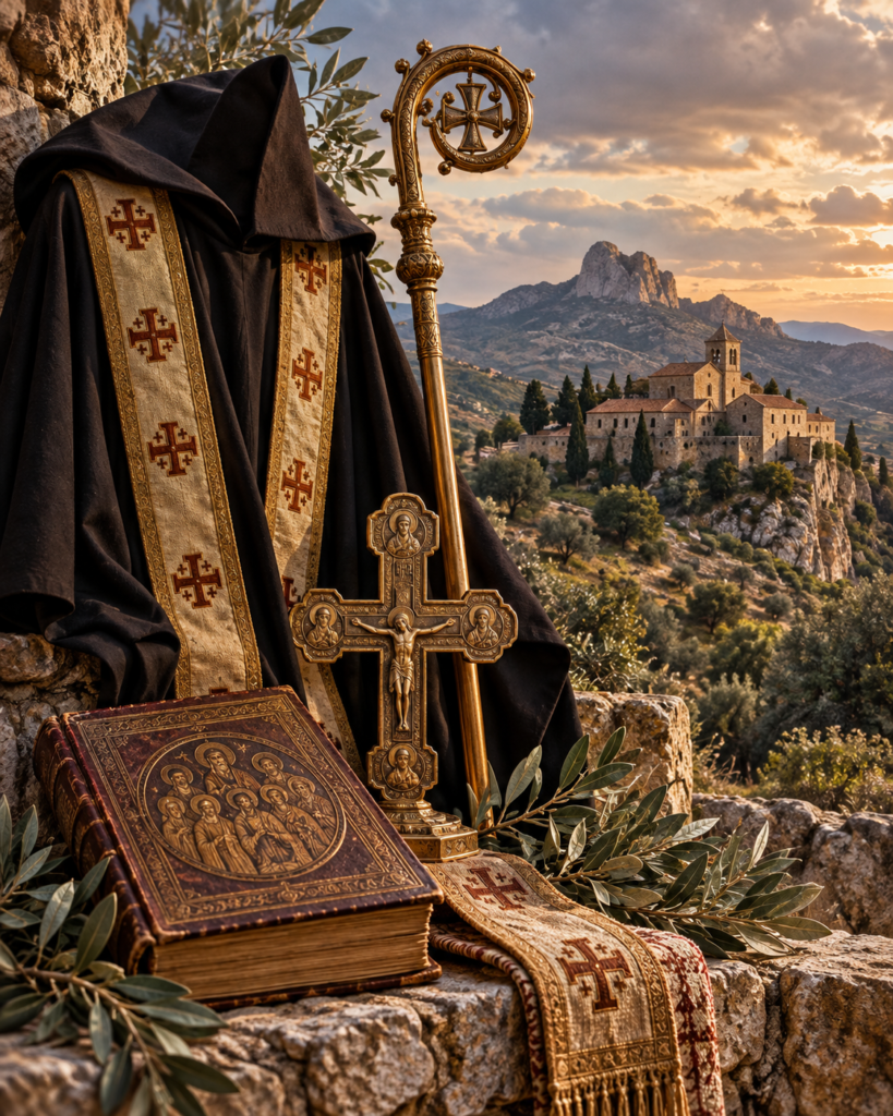 Hábito oriental, cruz, libro de los Padres, báculo y monasterio: símbolos de la tradición monástica oriental de san Silvestre de Troina.