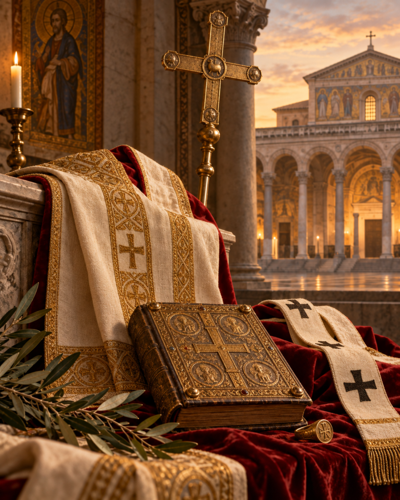 Atributos de San Silvestre I: vestiduras episcopales antiguas, cruz, libro y basílica paleocristiana