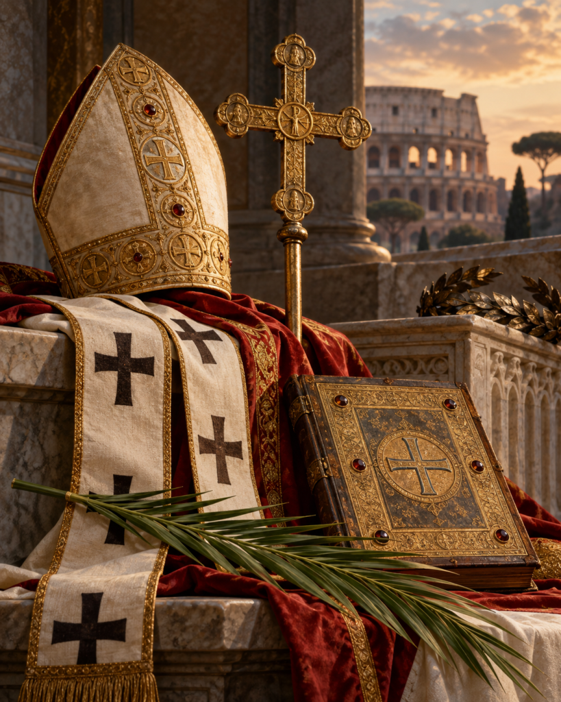 Cruz, Evangelio, vestiduras paleocristianas y palma del martirio: símbolos del pontificado y martirio de san Telesforo.